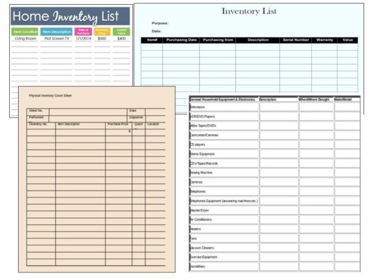 Example of insurance inventory sheets. 