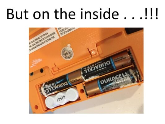 Corroded batteries inside emergency radio