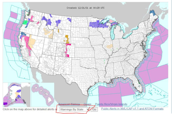 Map of weather warnings from National Weather Service